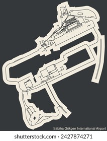 High contrasted terminals layout diagram map with airfield road lines and name tag of the SABIHA GÖKÇEN INTERNATIONAL AIRPORT (SAW), ISTANBUL