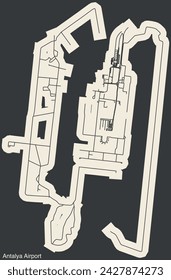 High contrasted terminals layout diagram map with airfield road lines and name tag of the ANTALYA AIRPORT (AYT), ANTALYA