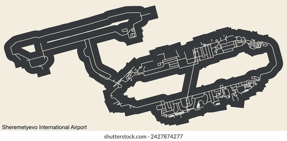 High contrasted terminals layout diagram map with airfield road lines and name tag of the SHEREMETYEVO - A.S. PUSHKIN INTERNATIONAL AIRPORT (SVO), MOSCOW