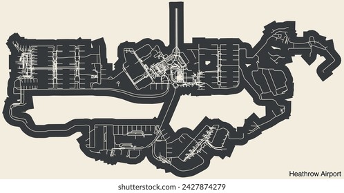 High contrasted terminals layout diagram map with airfield road lines and name tag of the HEATHROW AIRPORT (EGLL, LHR), LONDON