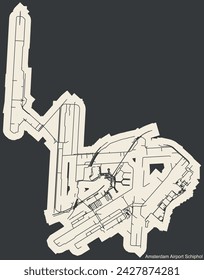 High contrasted terminals layout diagram map with airfield road lines and name tag of the AMSTERDAM AIRPORT SCHIPHOL (AMS), AMSTERDAM