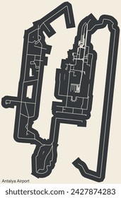 High contrasted terminals layout diagram map with airfield road lines and name tag of the ANTALYA AIRPORT (AYT), ANTALYA