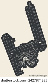 High contrasted terminals layout diagram map with airfield road lines and name tag of the LEONARDO DA VINCI–FIUMICINO AIRPORT (FCO), ROME