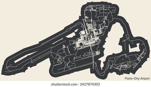 High contrasted terminals layout diagram map with airfield road lines and name tag of the PARIS-ORLY AIRPORT (ORY), ORLY