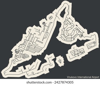 High contrasted terminals layout diagram map with airfield road lines and name tag of the VNUKOVO INTERNATIONAL AIRPORT (VKO), MOSCOW