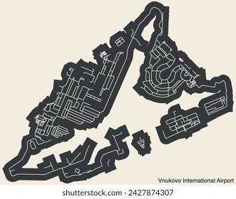 High contrasted terminals layout diagram map with airfield road lines and name tag of the VNUKOVO INTERNATIONAL AIRPORT (VKO), MOSCOW