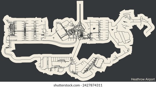 High contrasted terminals layout diagram map with airfield road lines and name tag of the HEATHROW AIRPORT (EGLL, LHR), LONDON