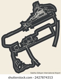 High contrasted terminals layout diagram map with airfield road lines and name tag of the SABIHA GÖKÇEN INTERNATIONAL AIRPORT (SAW), ISTANBUL