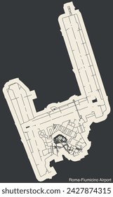 High contrasted terminals layout diagram map with airfield road lines and name tag of the LEONARDO DA VINCI–FIUMICINO AIRPORT (FCO), ROME