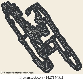 High contrasted terminals layout diagram map with airfield road lines and name tag of the MOSCOW DOMODEDOVO MIKHAIL LOMONOSOV AIRPORT (DME), MOSCOW