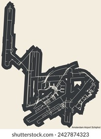 High contrasted terminals layout diagram map with airfield road lines and name tag of the AMSTERDAM AIRPORT SCHIPHOL (AMS), AMSTERDAM