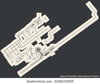 High contrasted terminals layout diagram map with airfield road lines and name tag of the JOMO KENYATTA INTERNATIONAL AIRPORT (NBO, HKJK), NAIROBI