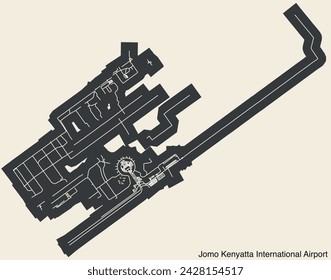 High contrasted terminals layout diagram map with airfield road lines and name tag of the JOMO KENYATTA INTERNATIONAL AIRPORT (NBO, HKJK), NAIROBI