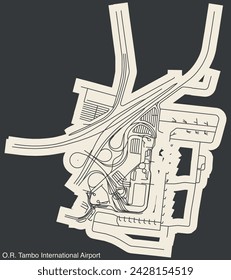 High contrasted terminals layout diagram map with airfield road lines and name tag of the O. R. TAMBO INTERNATIONAL AIRPORT, JOHANNESBURG