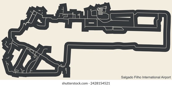 High contrasted terminals layout diagram map with airfield road lines and name tag of the SALGADO FILHO PORTO ALEGRE INTERNATIONAL AIRPORT (POA, SBPA), PORTO ALEGRE