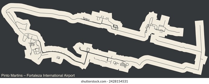 High contrasted terminals layout diagram map with airfield road lines and name tag of the PINTO MARTINS – FORTALEZA INTERNATIONAL AIRPORT (FOR), FORTALEZA