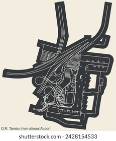 High contrasted terminals layout diagram map with airfield road lines and name tag of the O. R. TAMBO INTERNATIONAL AIRPORT, JOHANNESBURG