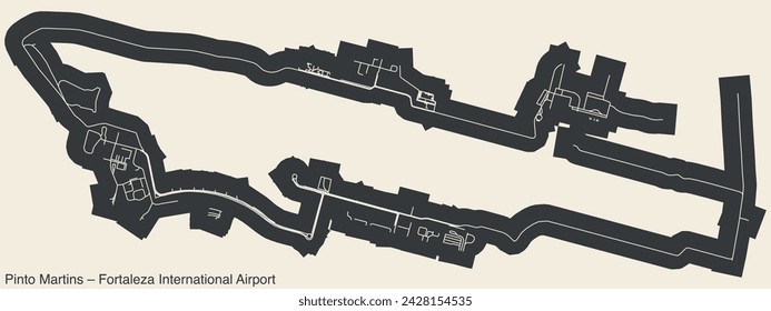 High contrasted terminals layout diagram map with airfield road lines and name tag of the PINTO MARTINS – FORTALEZA INTERNATIONAL AIRPORT (FOR), FORTALEZA