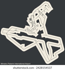 High contrasted terminals layout diagram map with airfield road lines and name tag of the MINISTRO PISTARINI INTERNATIONAL AIRPORT (EZE, SAEZ), BUENOS AIRES