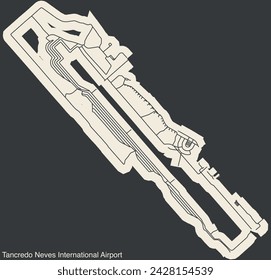 High contrasted terminals layout diagram map with airfield road lines and name tag of the AEROPUERTO INTERNACIONAL TANCREDO NEVES (CNF), BELO HORIZONTE