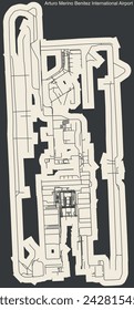 High contrasted terminals layout diagram map with airfield road lines and name tag of the ARTURO MERINO BENÍTEZ INTERNATIONAL AIRPORT (SCL, SCEL), PUDAHUEL