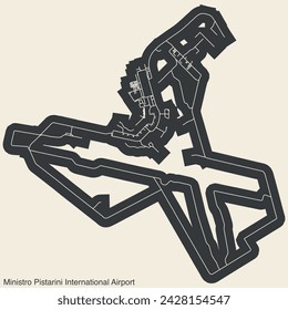 High contrasted terminals layout diagram map with airfield road lines and name tag of the MINISTRO PISTARINI INTERNATIONAL AIRPORT (EZE, SAEZ), BUENOS AIRES