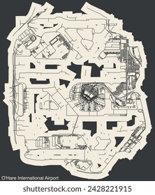 High contrasted terminals layout diagram map with airfield road lines and name tag of the O'HARE INTERNATIONAL AIRPORT (ORD, KORD), CHICAGO