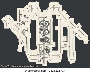 High contrasted terminals layout diagram map with airfield road lines and name tag of the DALLAS FORT WORTH INTERNATIONAL AIRPORT (DFW, KDFW), DALLAS