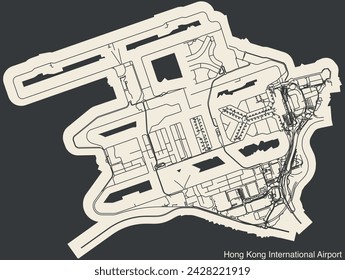 High contrasted terminals layout diagram map with airfield road lines and name tag of the HONG KONG INTERNATIONAL AIRPORT (HKG, VHHH), HONG KONG