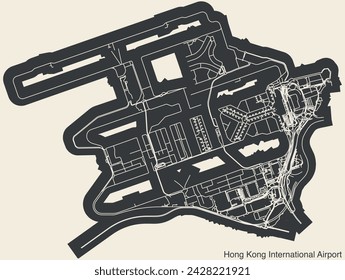 High contrasted terminals layout diagram map with airfield road lines and name tag of the HONG KONG INTERNATIONAL AIRPORT (HKG, VHHH), HONG KONG