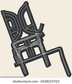 High contrasted terminals layout diagram map with airfield road lines and name tag of the central part of KING ABDULAZIZ INTERNATIONAL AIRPORT (JED, OEJN), JEDDAH