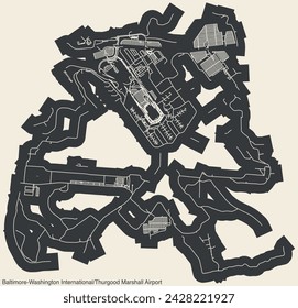 High contrasted terminals layout diagram map with airfield road lines and name tag of the BALTIMORE WASHINGTON INTERNATIONAL AIRPORT (BWI, KBWI), BALTIMORE