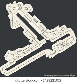 High contrasted terminals layout diagram map with airfield road lines and name tag of the NINOY AQUINO INTERNATIONAL AIRPORT (MNL, RPLL), MANILA