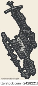 High contrasted terminals layout diagram map with airfield road lines and name tag of the NARITA INTERNATIONAL AIRPORT (NRT, RJAA), NARITA