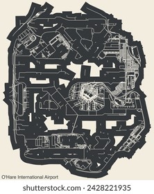 High contrasted terminals layout diagram map with airfield road lines and name tag of the O'HARE INTERNATIONAL AIRPORT (ORD, KORD), CHICAGO