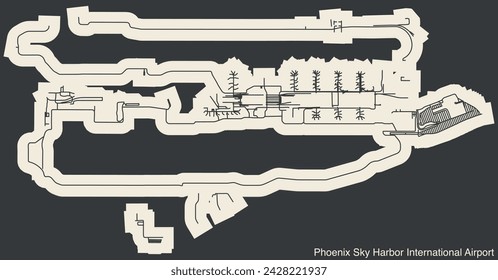 High contrasted terminals layout diagram map with airfield road lines and name tag of the PHOENIX SKY HARBOR INTERNATIONAL AIRPORT (PHX, KPHX), PHOENIX