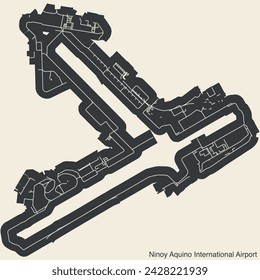 High contrasted terminals layout diagram map with airfield road lines and name tag of the NINOY AQUINO INTERNATIONAL AIRPORT (MNL, RPLL), MANILA