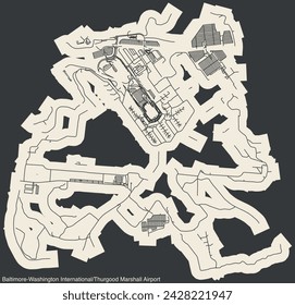 High contrasted terminals layout diagram map with airfield road lines and name tag of the BALTIMORE WASHINGTON INTERNATIONAL AIRPORT (BWI, KBWI), BALTIMORE