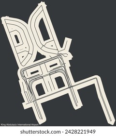 High contrasted terminals layout diagram map with airfield road lines and name tag of the central part of KING ABDULAZIZ INTERNATIONAL AIRPORT (JED, OEJN), JEDDAH