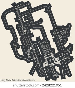 High contrasted terminals layout diagram map with airfield road lines and name tag of the KING ABDULAZIZ INTERNATIONAL AIRPORT (JED, OEJN), JEDDAH