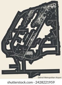 High contrasted terminals layout diagram map with airfield road lines and name tag of the DETROIT METROPOLITAN AIRPORT (DTW, KDTW), DETROIT