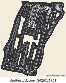 High contrasted terminals layout diagram map with airfield road lines and name tag of the SUVARNABHUMI AIRPORT (BKK, VTBS), BANGKOK