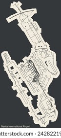High contrasted terminals layout diagram map with airfield road lines and name tag of the NARITA INTERNATIONAL AIRPORT (NRT, RJAA), NARITA