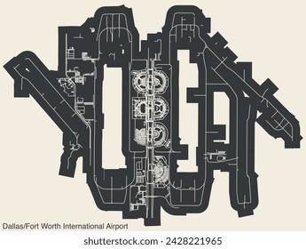 High contrasted terminals layout diagram map with airfield road lines and name tag of the DALLAS FORT WORTH INTERNATIONAL AIRPORT (DFW, KDFW), DALLAS