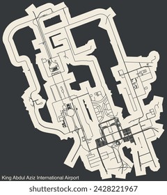 High contrasted terminals layout diagram map with airfield road lines and name tag of the KING ABDULAZIZ INTERNATIONAL AIRPORT (JED, OEJN), JEDDAH