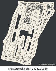 High contrasted terminals layout diagram map with airfield road lines and name tag of the SUVARNABHUMI AIRPORT (BKK, VTBS), BANGKOK