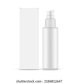 High Cosmetic Pump Bottle Mockup For Oil Or Serum With Packaging Box, Front View. Vector Illustration