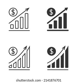 Juego de iconos de alto costo. Gráfico de aumento de la tasa de dólares. Ilustración vectorial plana.