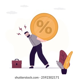 High cost of lending. High increasing rate or interest price, economic recession. Debt burden risk from high interest rate, businessman carry heavy percentage interest rate burden. vector illustration