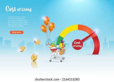 High cost of living, economic crisis and food inflation. Shopping cart with inflation balloon. Rising foods cost and grocery expensive price impact to people in spending money.